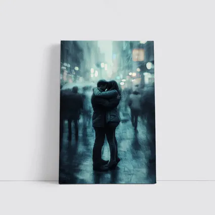 Couple Embracing in Rainy City Street