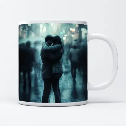 Couple Embracing in Rainy City Street