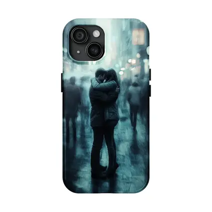Couple Embracing in Rainy City Street