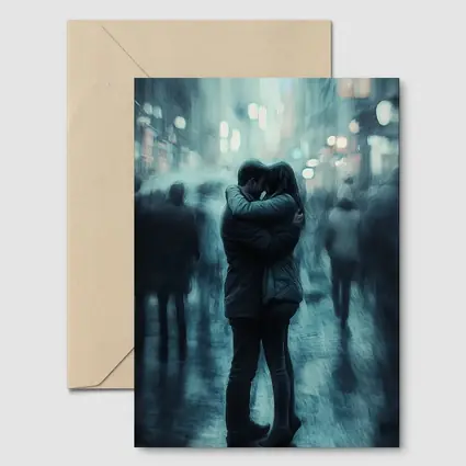 Couple Embracing in Rainy City Street
