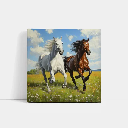 White Brown Horses Running Flower Field Painting