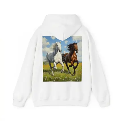 White Brown Horses Running Flower Field Painting