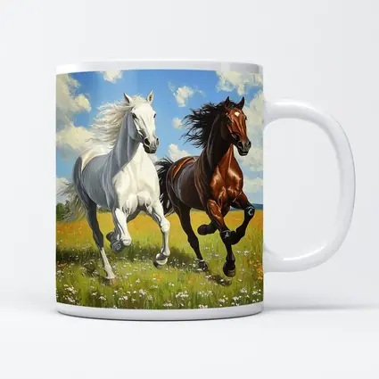 White Brown Horses Running Flower Field Painting
