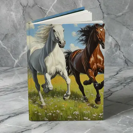 White Brown Horses Running Flower Field Painting