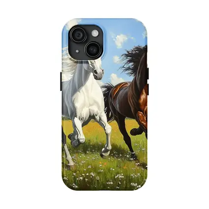 White Brown Horses Running Flower Field Painting