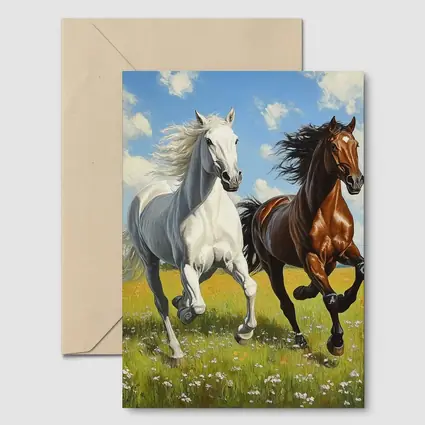 White Brown Horses Running Flower Field Painting