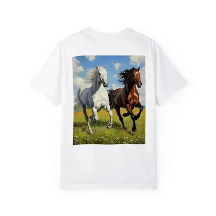 White Brown Horses Running Flower Field Painting