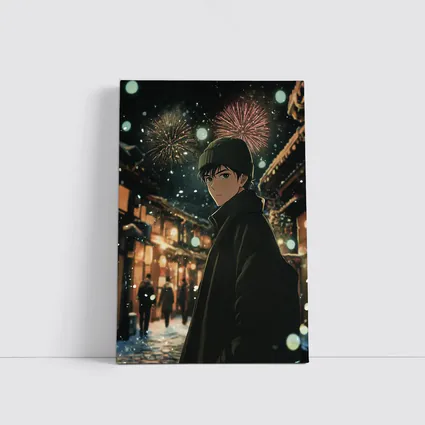 Anime Boy Winter Night Fireworks Street