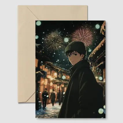 Anime Boy Winter Night Fireworks Street