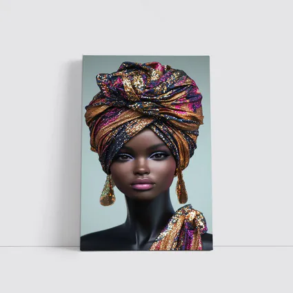 Black Woman Glitter Turban Portrait Gray Background