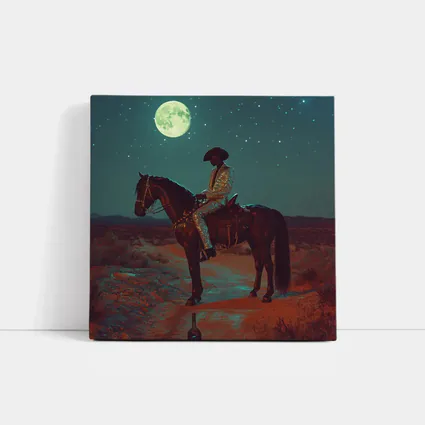 Cowboy on Horse Desert Moonlit Night