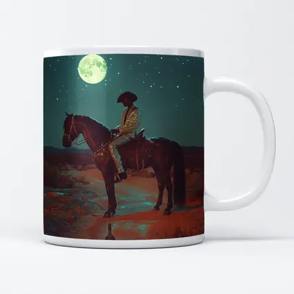 Cowboy on Horse Desert Moonlit Night