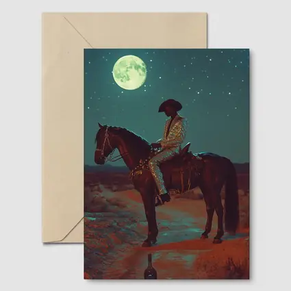 Cowboy on Horse Desert Moonlit Night