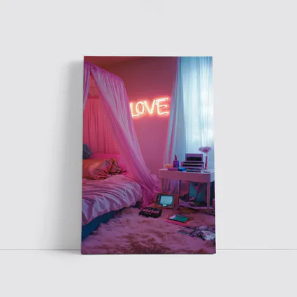 Neon Love Sign Pink Bedroom Interior