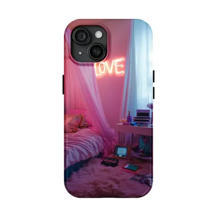 Neon Love Sign Pink Bedroom Interior