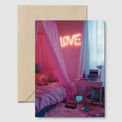 Neon Love Sign Pink Bedroom Interior