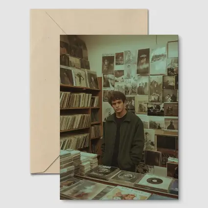 Young Man Standing In Vintage Record Shop