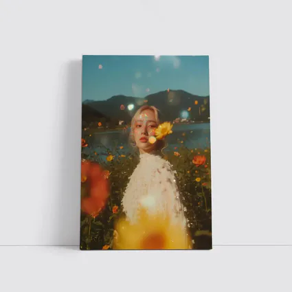 Young Woman Among Wildflowers Mountain Lake