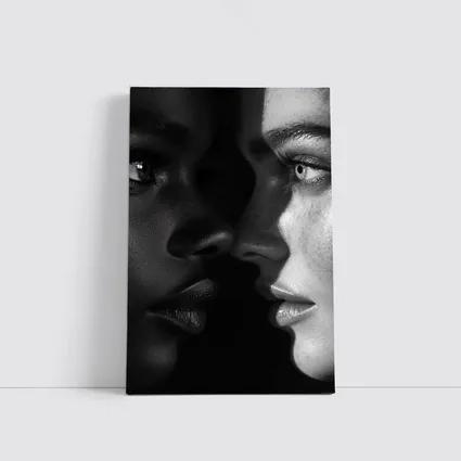 Two Women Faces Black and White Portrait