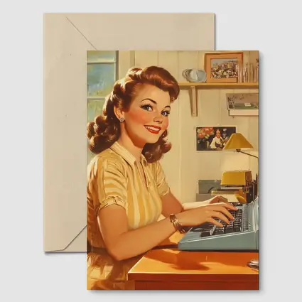 Retro Pin Up Woman Typing Vintage Home Office