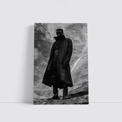 Black Coat Man Standing Rocky Landscape