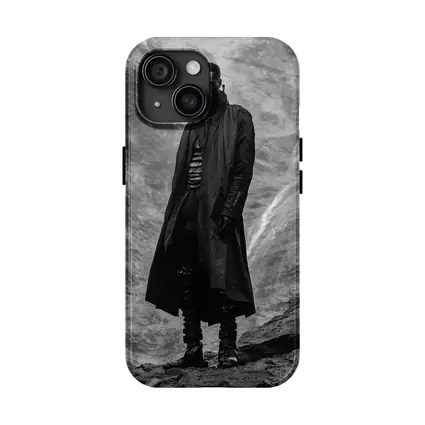 Black Coat Man Standing Rocky Landscape