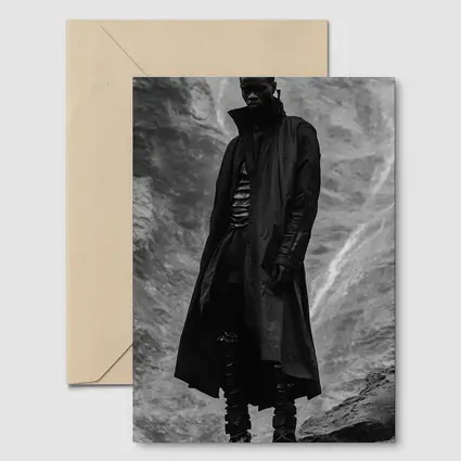 Black Coat Man Standing Rocky Landscape