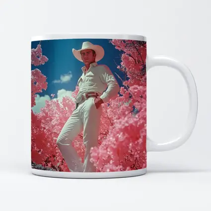 Cowboy in White Hat Pink Floral Landscape