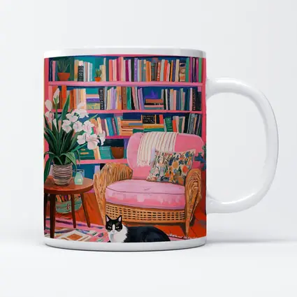 Tuxedo Cat Resting In Colorful Bookshelf Room