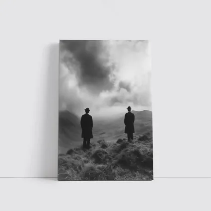 Two Men Standing on Misty Highland Hills