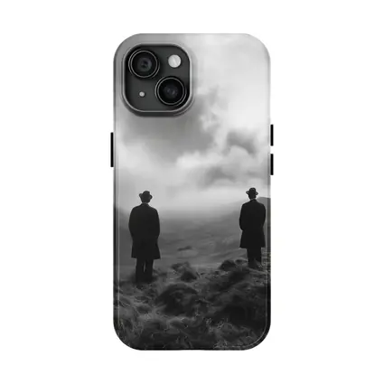 Two Men Standing on Misty Highland Hills