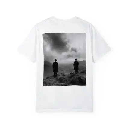 Two Men Standing on Misty Highland Hills