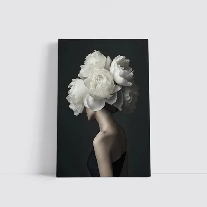 Woman White Peonies Head Dark Background