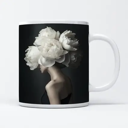 Woman White Peonies Head Dark Background
