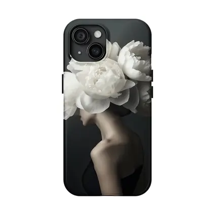 Woman White Peonies Head Dark Background