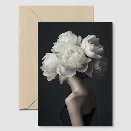 Woman White Peonies Head Dark Background