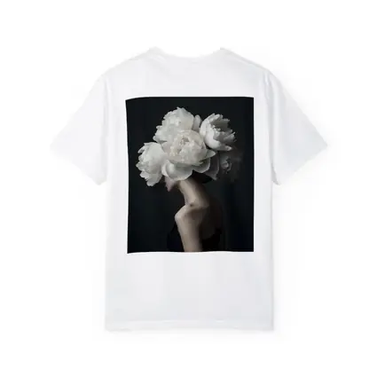 Woman White Peonies Head Dark Background