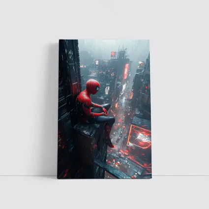 Spider-Man Sitting On Rainy Cyberpunk City