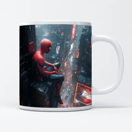Spider-Man Sitting On Rainy Cyberpunk City