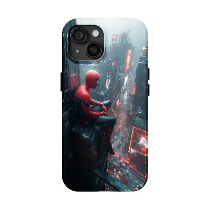 Spider-Man Sitting On Rainy Cyberpunk City