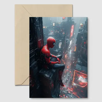 Spider-Man Sitting On Rainy Cyberpunk City