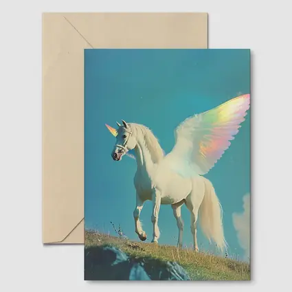 White Unicorn Rainbow Wings Blue Sky