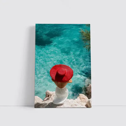 Woman Red Hat Turquoise Mediterranean Sea View
