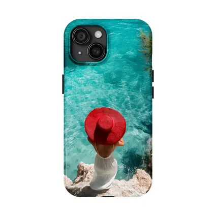 Woman Red Hat Turquoise Mediterranean Sea View