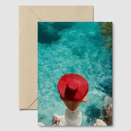 Woman Red Hat Turquoise Mediterranean Sea View