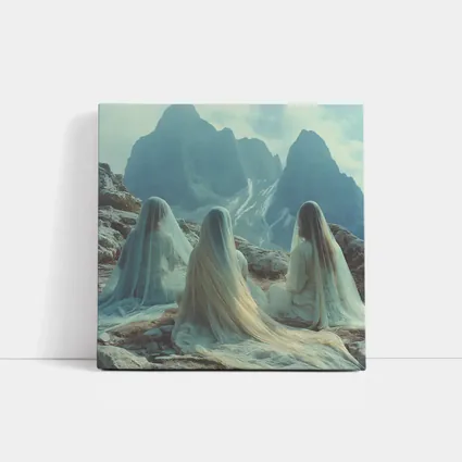 Three Veiled Women Sitting Before Mountains