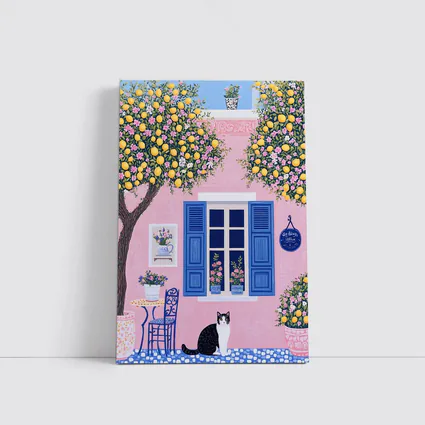 Black White Cat Pink Mediterranean House Lemons