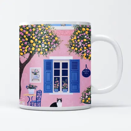 Black White Cat Pink Mediterranean House Lemons