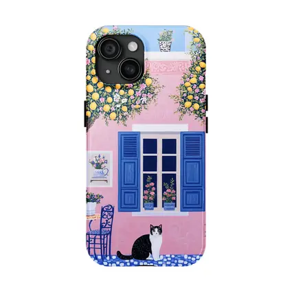 Black White Cat Pink Mediterranean House Lemons