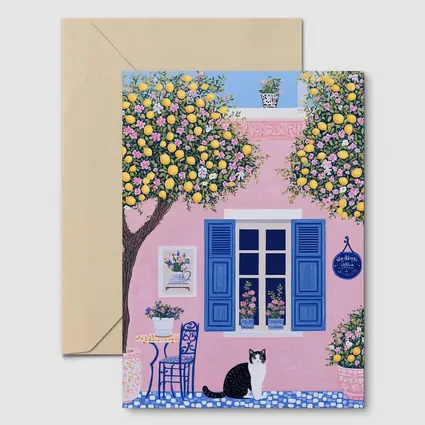 Black White Cat Pink Mediterranean House Lemons